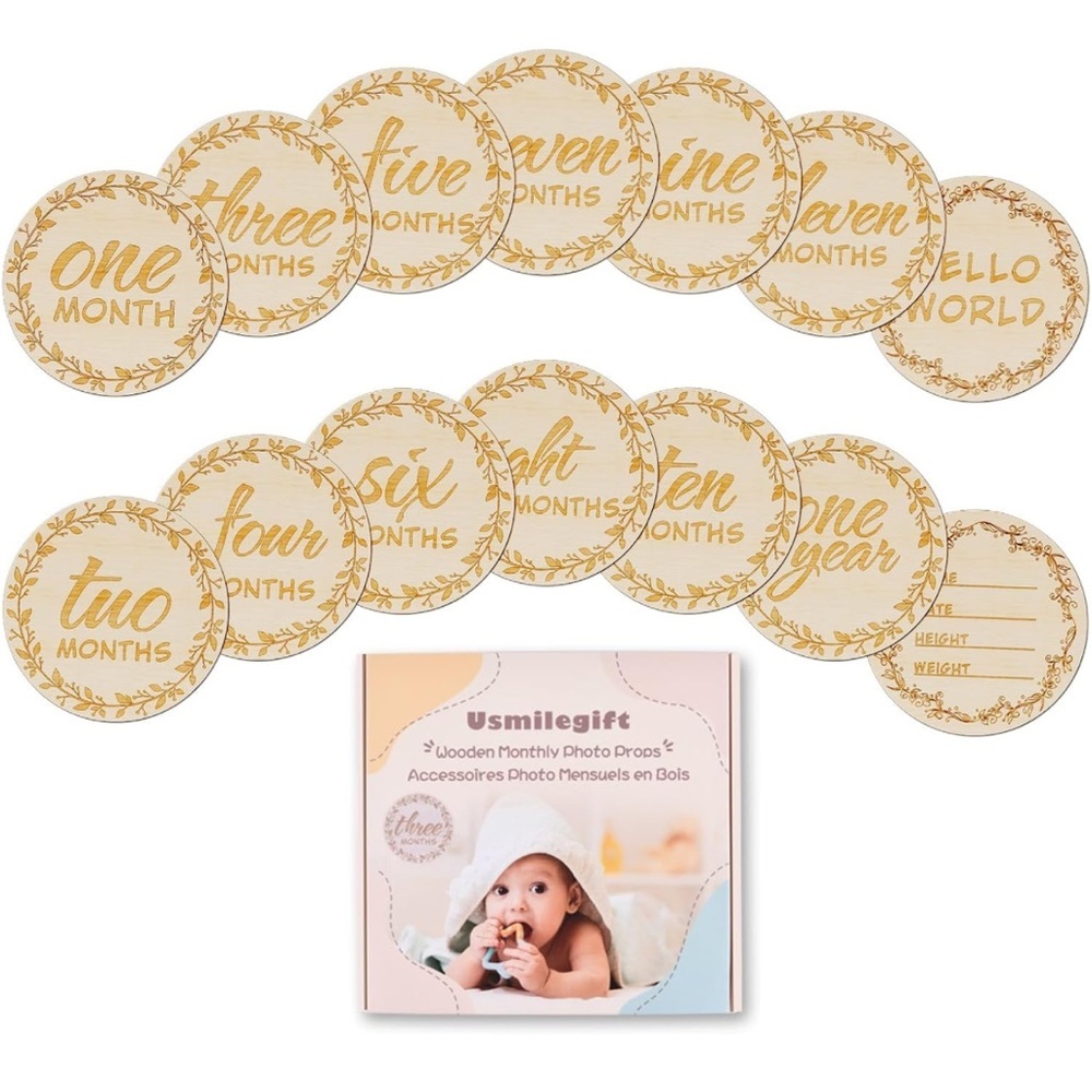 Wooden Baby Monthly Milestone Discs Reversible Photo Props 1-12 Month 7 Pcs NEW